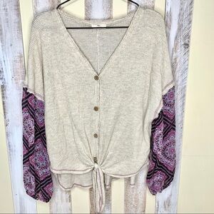 HUMMINGBIRD Boho Contrast Sleeve Waffle Knit Top